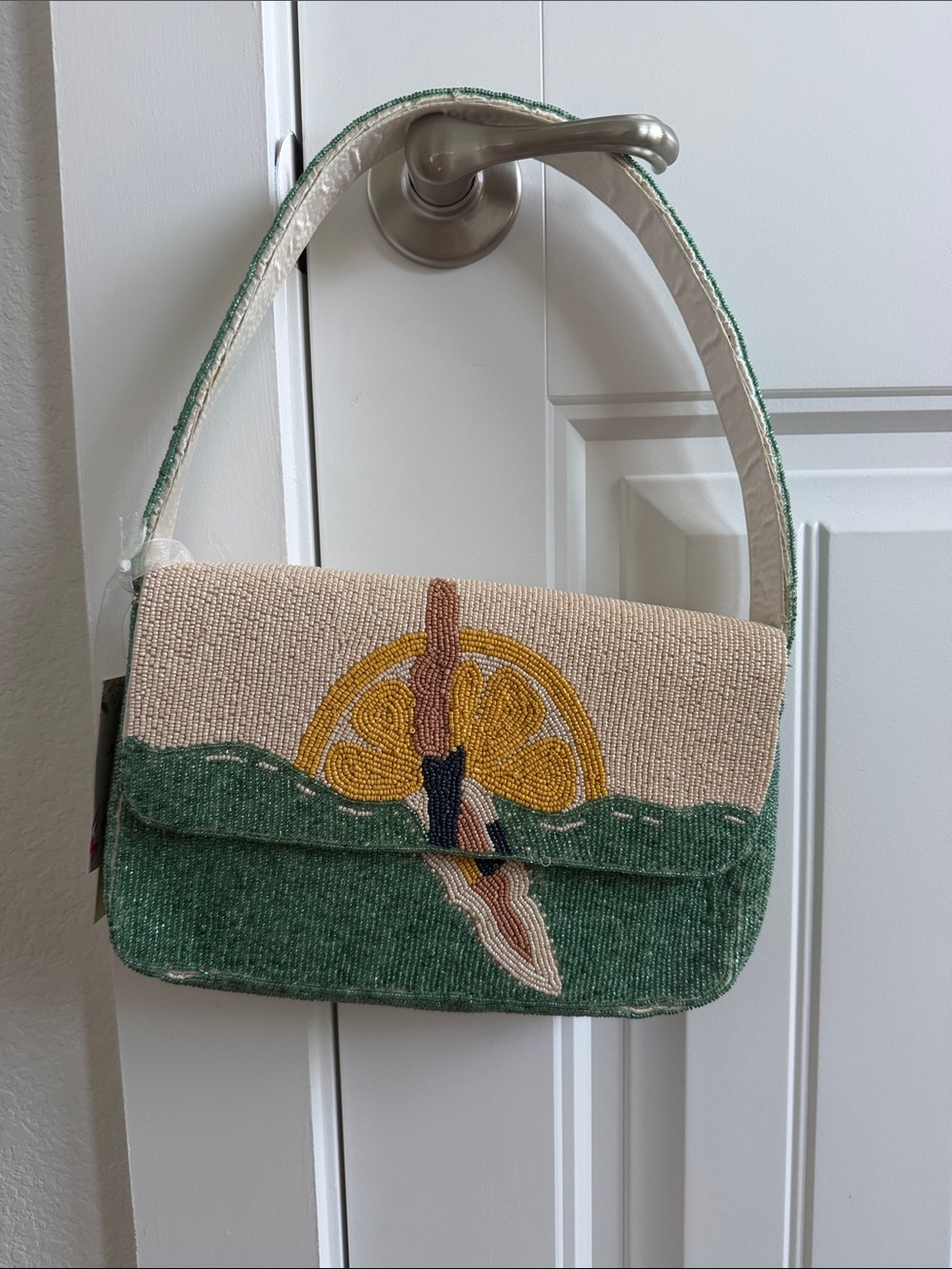 Beaded Green and Cream Shoulder Bag with Citrus Motif